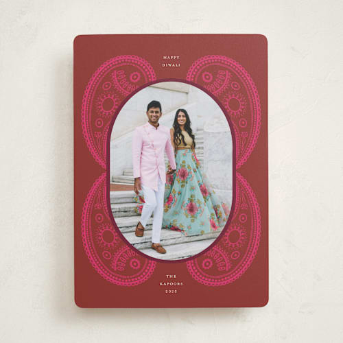 This is a magenta diwali cards with standard by Morgan Kendall called paisley printing on recycled smooth signature in standard