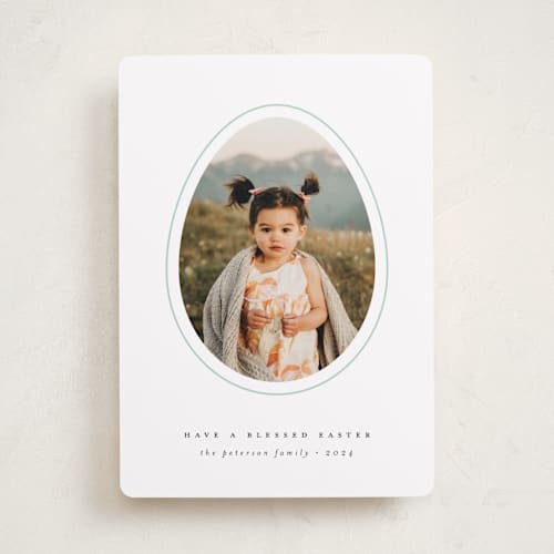 This is a seafoam easter photo cards with standard by Heather Schertzer called blessed easter egg printing on recycled smooth signature in standard