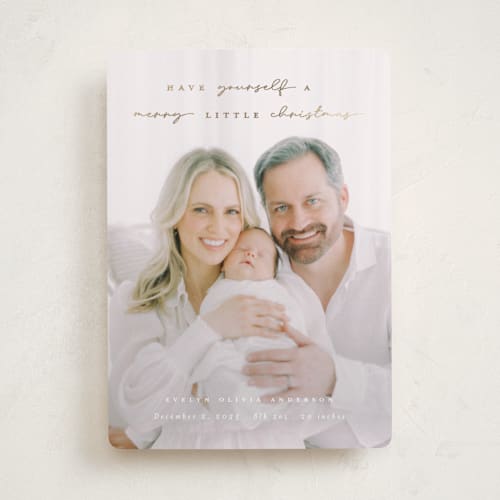 This is a snow babys first christmas with foil pressed by Hudson meet Rose called merry little christmas printing on recycled smooth signature in standard