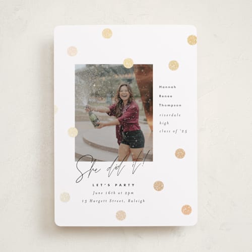 This is a pearl graduation invitations with foil pressed by Pink House Press called you did it! printing on recycled smooth signature in standard