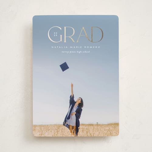 This is a snow graduation announcements with foil pressed by Erica Krystek called high point printing on recycled smooth signature in standard