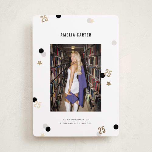 This is a twinkle graduation announcements with foil pressed by Pixel and Hank called grad confetti printing on recycled smooth signature in standard