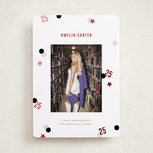 This is a scarlett graduation announcements with foil pressed by Pixel and Hank called grad confetti printing on recycled smooth signature in standard