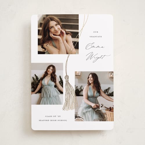 This is a cotton graduation announcements with foil pressed by Susan Zinader called tassel trio printing on recycled smooth signature in standard