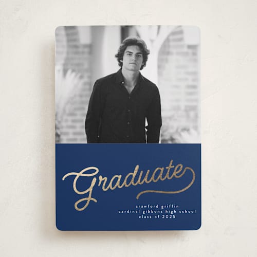 This is a navy graduation announcements with foil pressed by BR Designs called retro vintage grad printing on recycled smooth signature in standard