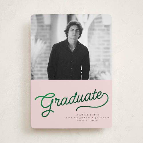 This is a candy graduation announcements with foil pressed by BR Designs called retro vintage grad printing on recycled smooth signature in standard