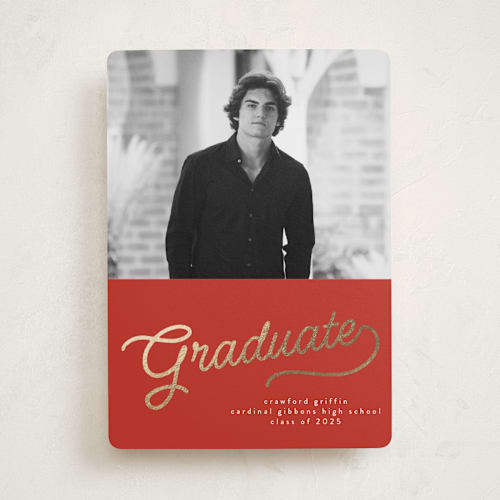 This is a tomato graduation announcements with foil pressed by BR Designs called retro vintage grad printing on recycled smooth signature in standard