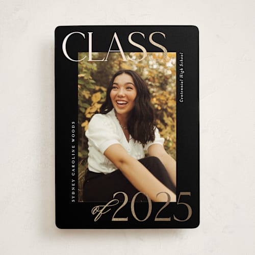 This is a licorice graduation announcements with foil pressed by Jessica Williams called scholarly surround printing on recycled smooth signature in standard