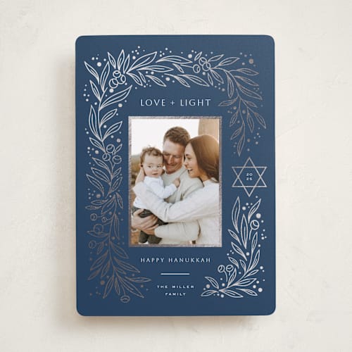 This is a midnight hanukkah cards with foil pressed by Yuliya Evseeva called star & plants printing on recycled smooth signature in standard
