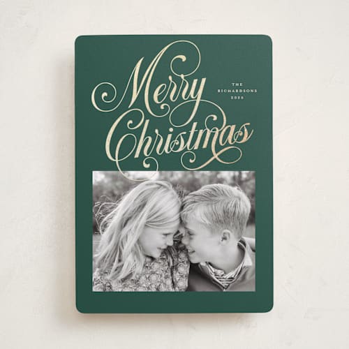 This is a balsam foil pressed holiday cards with foil pressed by Jessica Williams called peppermint twist printing on recycled smooth signature in standard