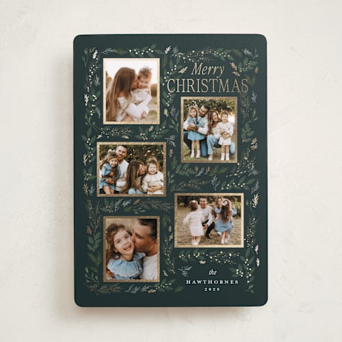 This is a juniper foil pressed holiday cards with foil pressed by Rebecca Durflinger called evergreen gallery printing on recycled smooth signature in standard