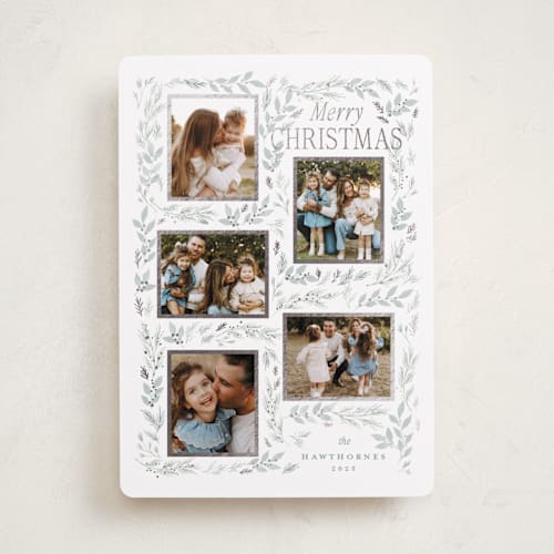 This is a snow foil pressed holiday cards with foil pressed by Rebecca Durflinger called evergreen gallery printing on recycled smooth signature in standard