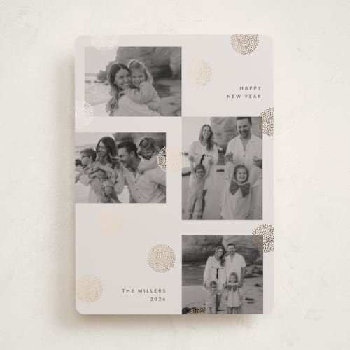 This is a vanilla foil pressed holiday cards with foil pressed by Sumak Studio called dotty dots printing on recycled smooth signature in standard