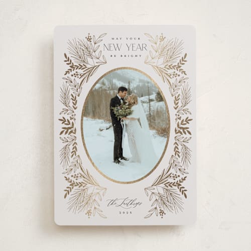 This is a mist foil pressed holiday cards with foil pressed by Heather Cairl called winter botanical printing on recycled smooth signature in standard