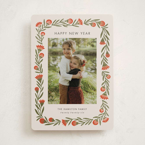 This is a candied apple foil pressed holiday cards with foil pressed by Jen Owens called wreath wrap printing on recycled smooth signature in standard