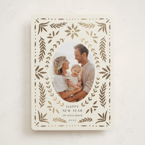 This is a eggnog foil pressed holiday cards with foil pressed by Amy Kross called festive folk printing on recycled smooth signature in standard