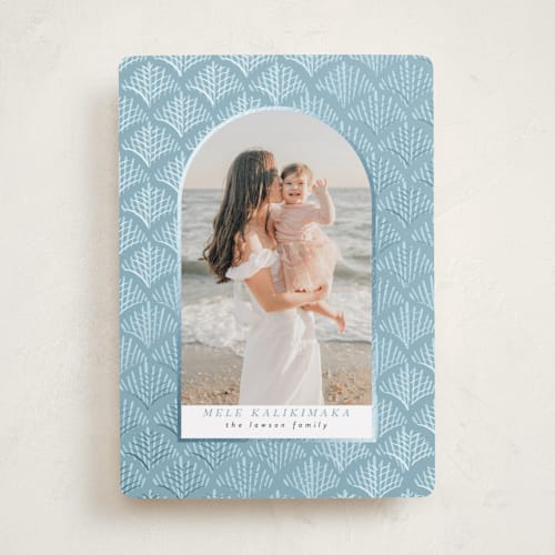 This is a aquamarine foil pressed holiday cards with foil pressed by Tamara Hilje called palmdeco printing on recycled smooth signature in standard