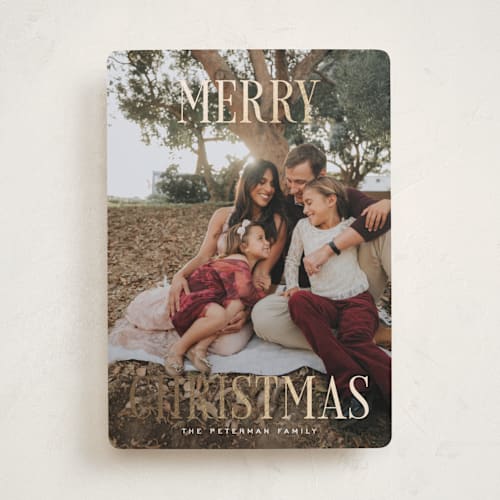 This is a snow foil pressed holiday cards with foil pressed by Rebecca Durflinger called christmas printing on recycled smooth signature in standard