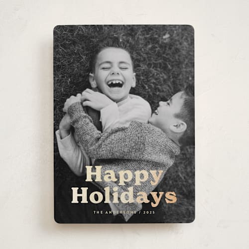 This is a eggnog foil pressed holiday cards with foil pressed by Katherine Moynagh called bold modern printing on recycled smooth signature in standard