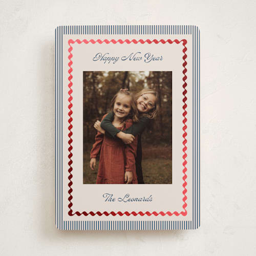 This is a navy foil pressed holiday cards with foil pressed by Kelly Schmidt called vintage border printing on recycled smooth signature in standard