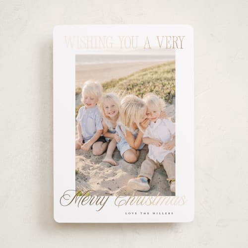 This is a snow foil pressed holiday cards with foil pressed by Benita Crandall called bright & merry printing on recycled smooth signature in standard