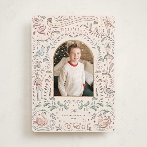 This is a gingerbread foil pressed holiday cards with foil pressed by Teju Reval called 12 days of christmas printing on recycled smooth signature in standard