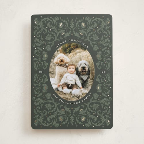 This is a spruce foil pressed holiday cards with foil pressed by Cedar and Grey called vintage floral holiday printing on recycled smooth signature in standard
