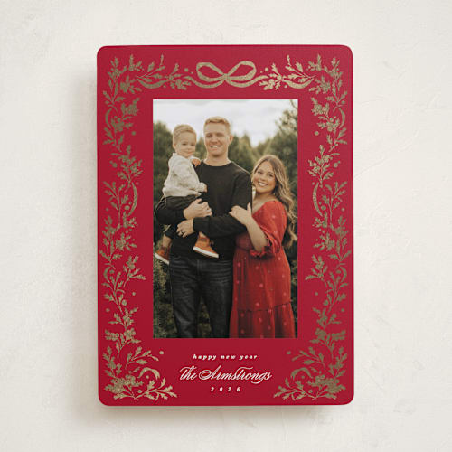 This is a candied apple foil pressed holiday cards with foil pressed by Kate Ahn called glittering garland printing on recycled smooth signature in standard