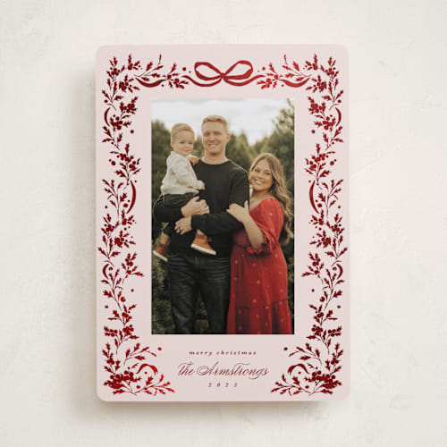 This is a rosy cheeks foil pressed holiday cards with foil pressed by Kate Ahn called glittering garland printing on recycled smooth signature in standard