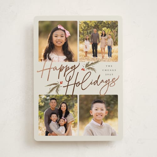 This is a cream foil pressed holiday cards with foil pressed by Robert and Stella called devon printing on recycled smooth signature in standard