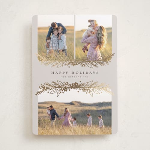 This is a linen foil pressed holiday cards with foil pressed by Michelle Taylor called gilded trio printing on recycled smooth signature in standard