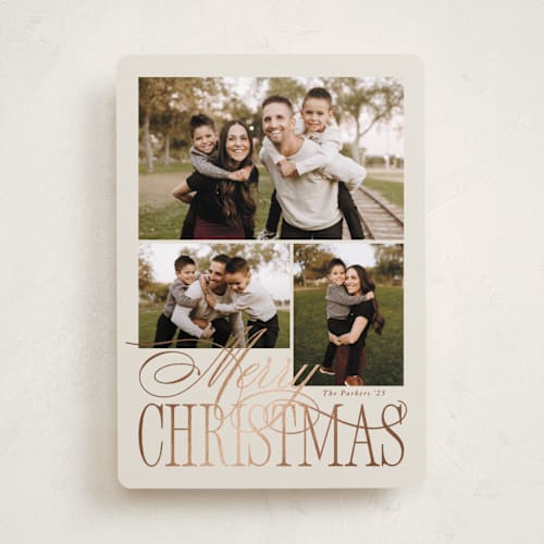 This is a sourdough foil pressed holiday cards with foil pressed by Brianne Larsen called elegant three printing on recycled smooth signature in standard