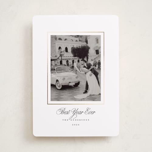 This is a snow foil pressed holiday cards with foil pressed by Brandy Folse called classic gold frame printing on recycled smooth signature in standard