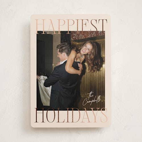 This is a eggnog foil pressed holiday cards with foil pressed by Ekko Studio called glam greeting printing on recycled smooth signature in standard