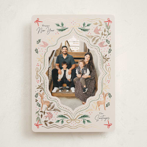 This is a pastel foil pressed holiday cards with foil pressed by Elly called flourish ornament printing on recycled smooth signature in standard