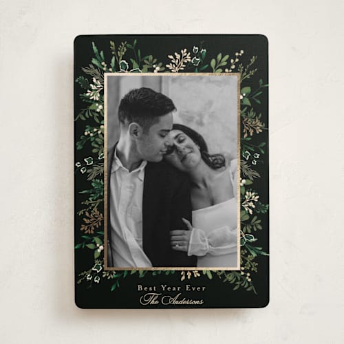 This is a wreath foil pressed holiday cards with foil pressed by Susan Moyal called framed botanicals printing on recycled smooth signature in standard