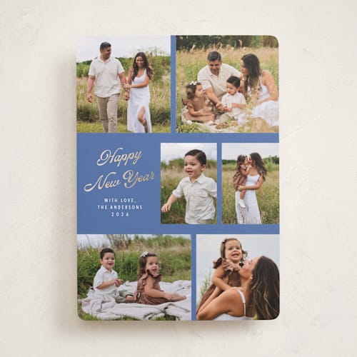 This is a blue jay foil pressed holiday cards with foil pressed by Cass Loh called playful pop printing on recycled smooth signature in standard