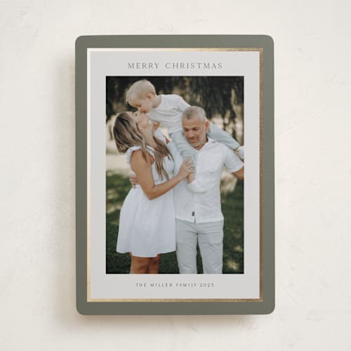 This is a sage foil pressed holiday cards with foil pressed by Nicole Walsh called foil frame printing on recycled smooth signature in standard