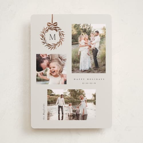 This is a vanilla foil pressed holiday cards with foil pressed by Melanie Kosuge called monogram trio printing on recycled smooth signature in standard