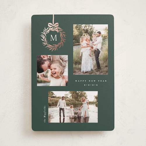 This is a evergreen foil pressed holiday cards with foil pressed by Melanie Kosuge called monogram trio printing on recycled smooth signature in standard