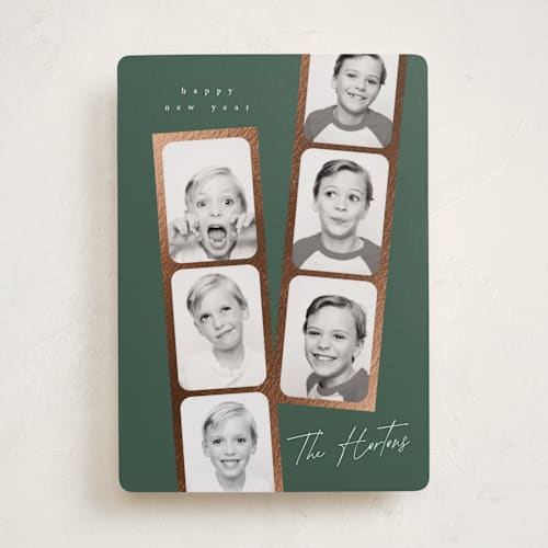 This is a forest foil pressed holiday cards with foil pressed by Leah Bisch called snapshots printing on recycled smooth signature in standard