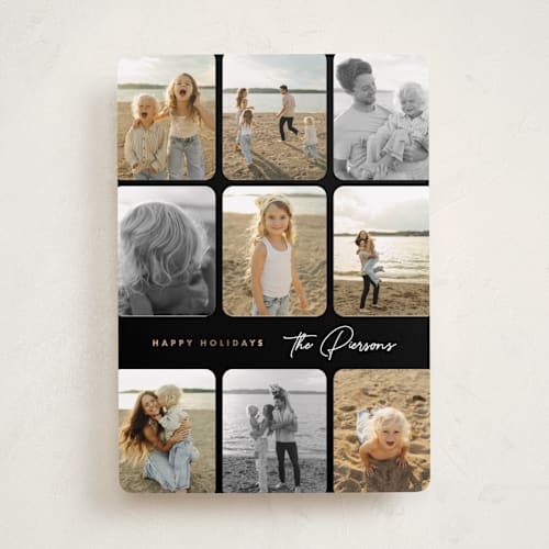 This is a licorice foil pressed holiday cards with foil pressed by Corinne Malesic called photo montage printing on recycled smooth signature in standard