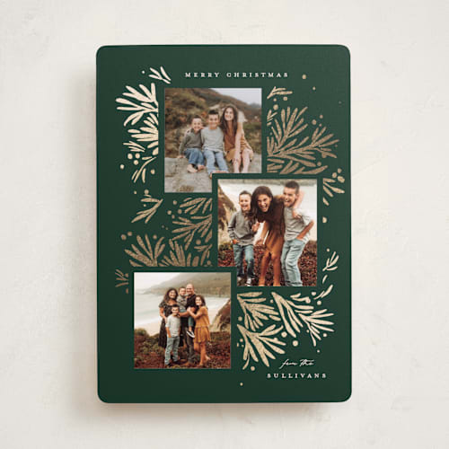 This is a evergreen foil pressed holiday cards with foil pressed by Julie Murray called foil branches printing on recycled smooth signature in standard