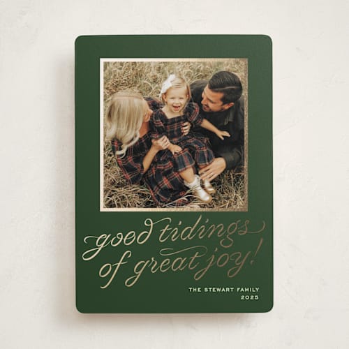 This is a evergreen foil pressed holiday cards with foil pressed by Megan Davis called cotillion printing on recycled smooth signature in standard