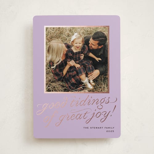 This is a plum foil pressed holiday cards with foil pressed by Megan Davis called cotillion printing on recycled smooth signature in standard