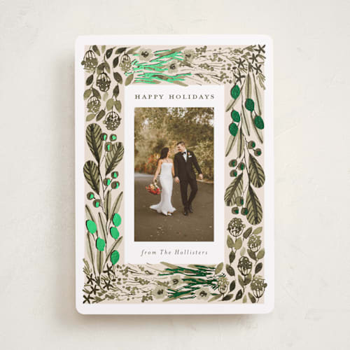 This is a olive foil pressed holiday cards with foil pressed by Meagan Christensen called abundance printing on recycled smooth signature in standard