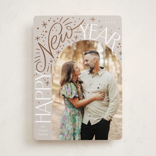 This is a ash foil pressed holiday cards with foil pressed by Alethea and Ruth called happy new arch printing on recycled smooth signature in standard