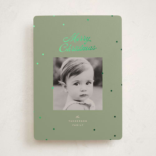This is a sage foil pressed holiday cards with foil pressed by Ellen Schlegelmilch called dainty dots printing on recycled smooth signature in standard