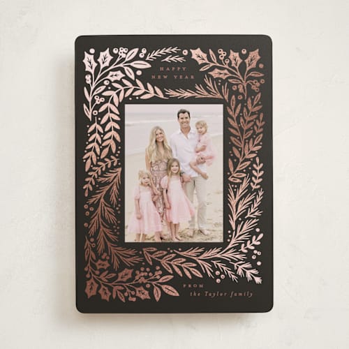 This is a licorice foil pressed holiday cards with foil pressed by Alethea and Ruth called gilded forest printing on recycled smooth signature in standard