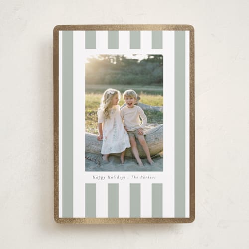 This is a sage foil pressed holiday cards with foil pressed by Angela Thompson called linen stripes printing on recycled smooth signature in standard